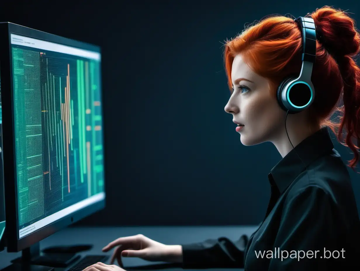 AI voice assistant, in the frame there is a woman programmer with red hair from the back, microphone, code on the screen, monitor is not large, colors black, green, blue, orange