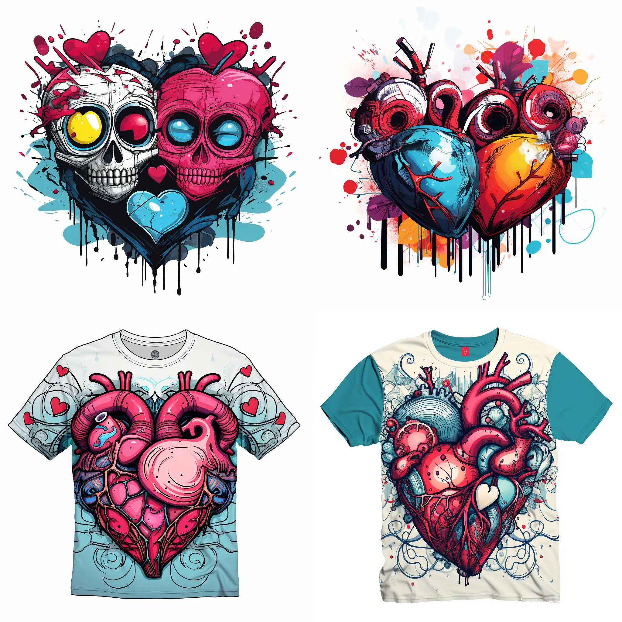 T-shirt, vector, white background, valentine day, two heart. Unique graffiti design, colorful, detailed with elaboration of small details.