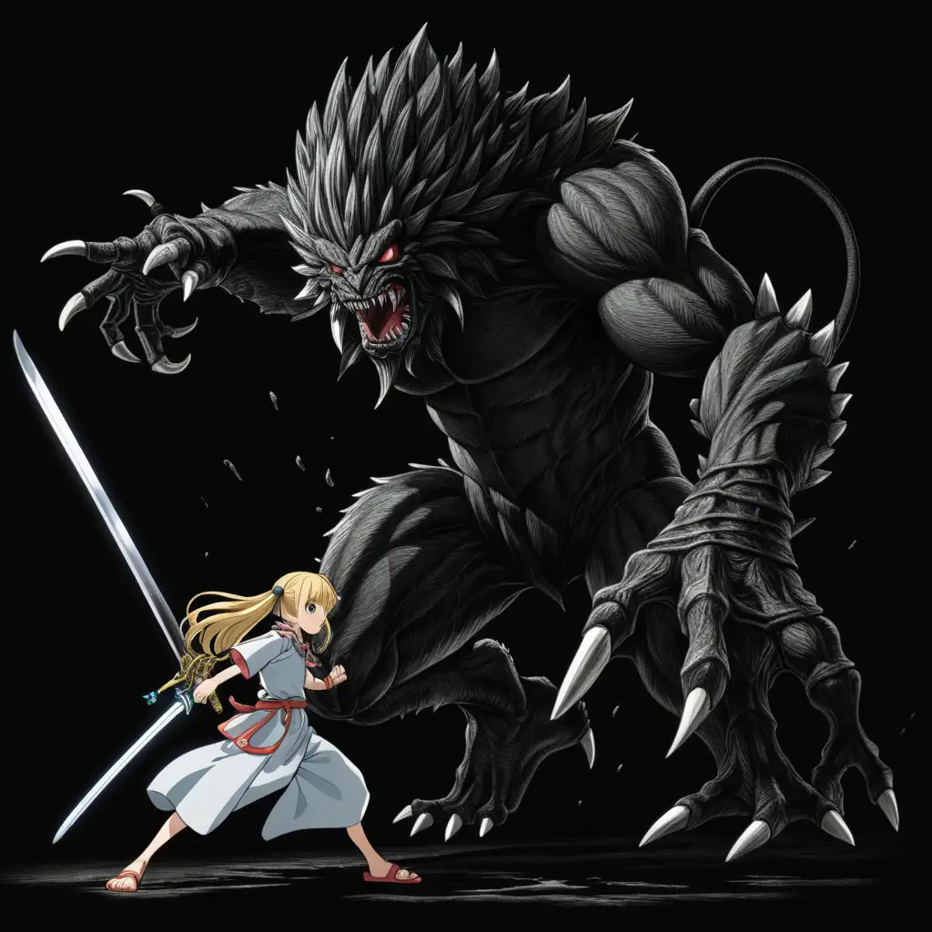 Anime character fighting a monster with a long sword and a black background with feet that look like feet