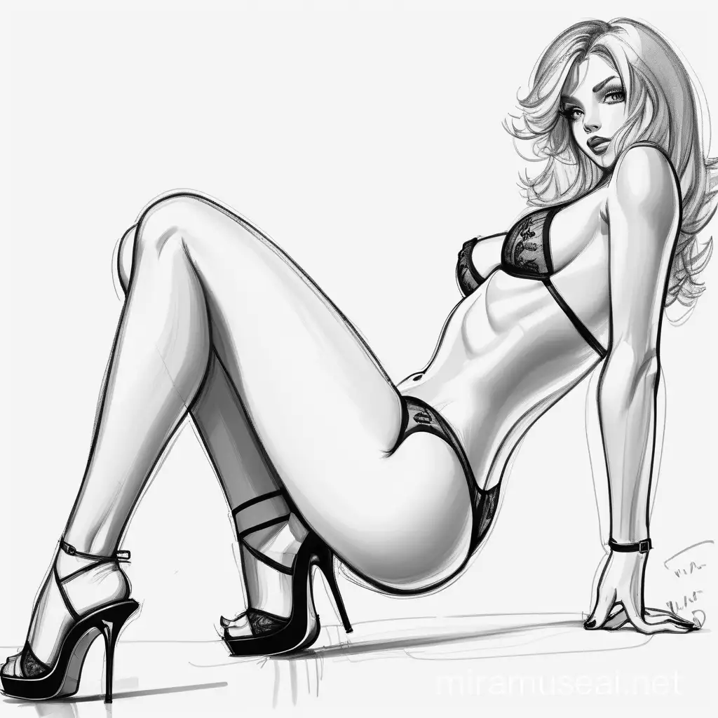 Laying Woman in High Heels and Underwear Sketch