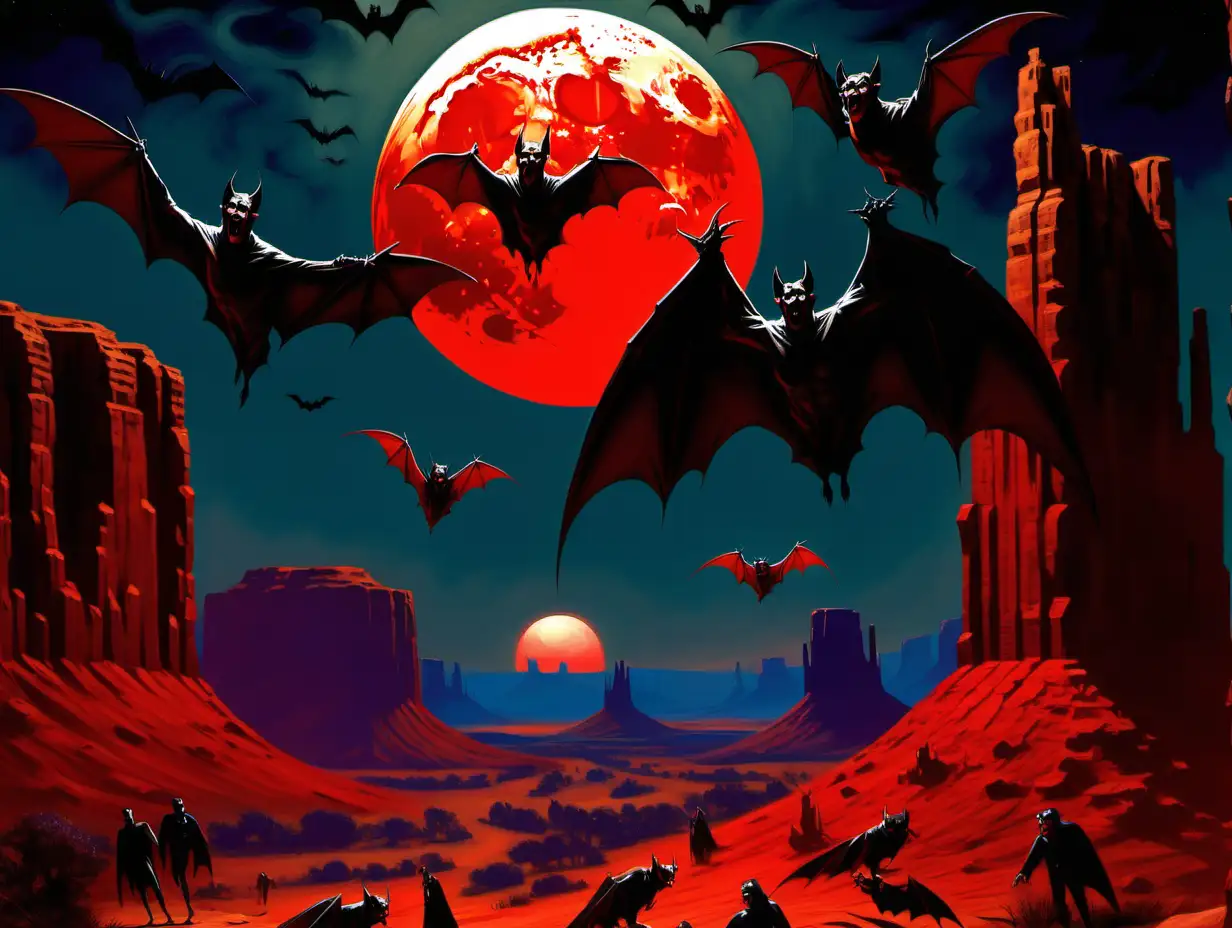 Nocturnal Spectacle Dracula and Vampire Bats Soaring over Monument Valley with a Crimson Moon