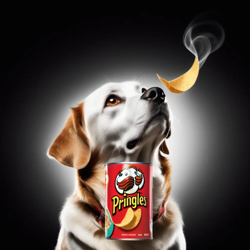 A magical and majestic dog looking up with hopeful eyes at a can of pringles in 1950s theme
