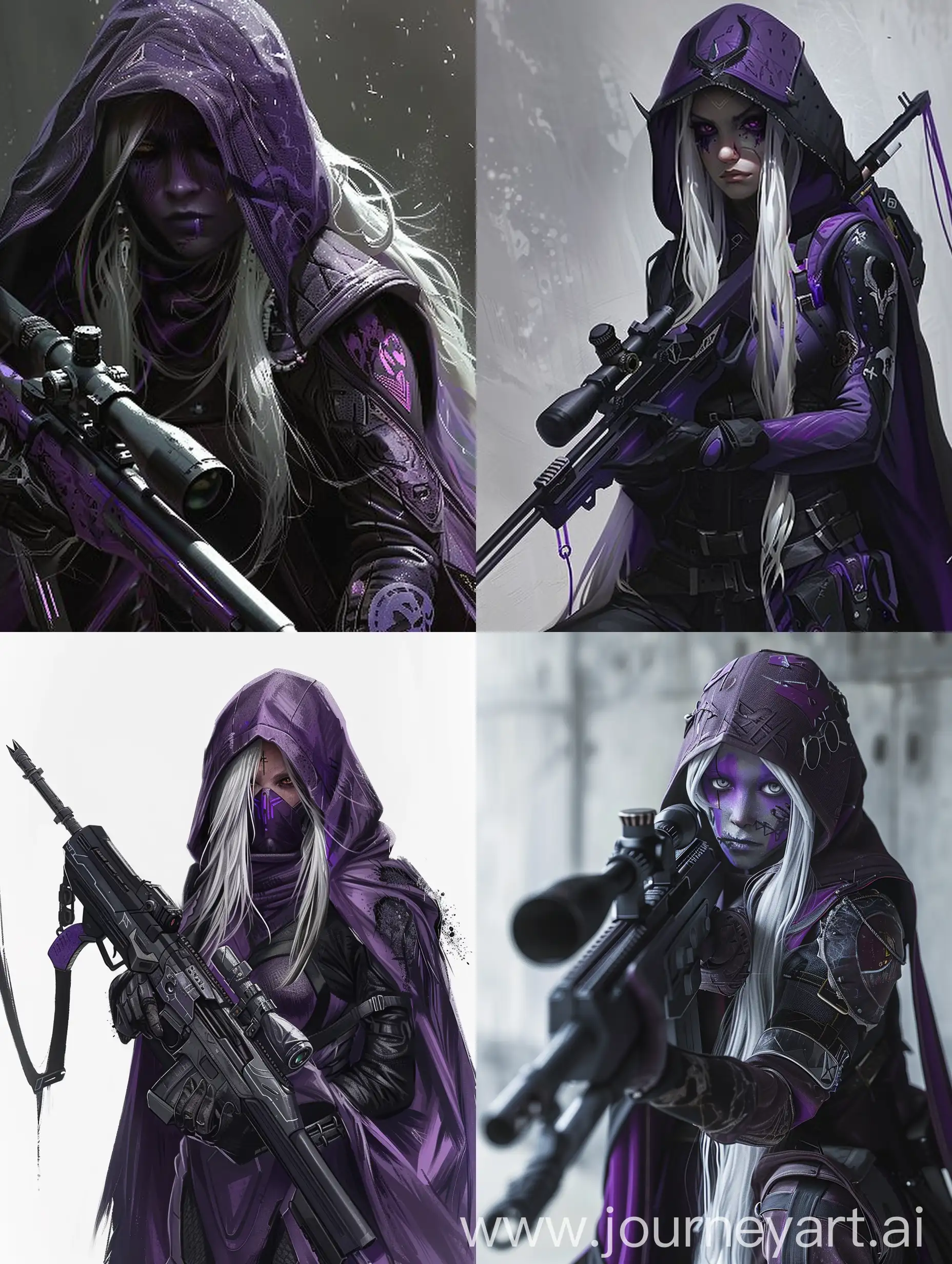 drow elf, female, futuristic mercenary, long-distance sniper rifle, pretty face covered with hood, uses purple and black colors, white long hair, hot temper, 22 years old, ultra-realistic,