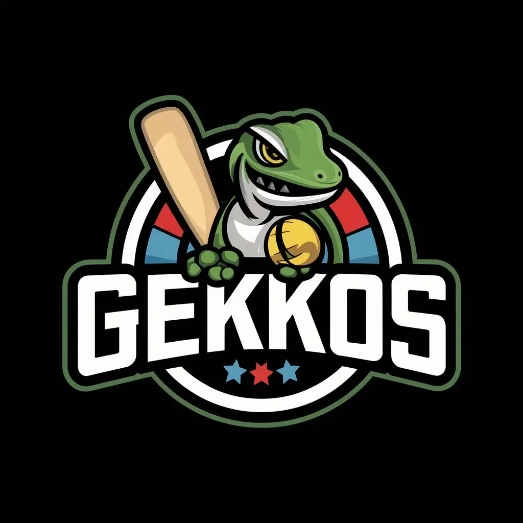 logo, mean looking green Gecko with cricket bat and ball, with the text "Gekkos", typography, be used in Sports Fitness industry