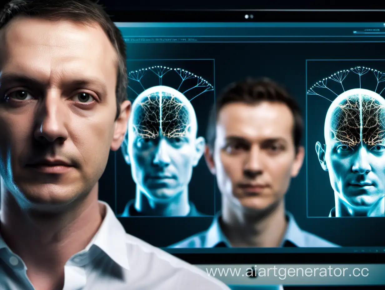 photo, in the foreground: a man on the left, on the right - his digital clone using biometrics, in the background - neurons, there should be close-up faces, people should have the same faces, 3d rendering