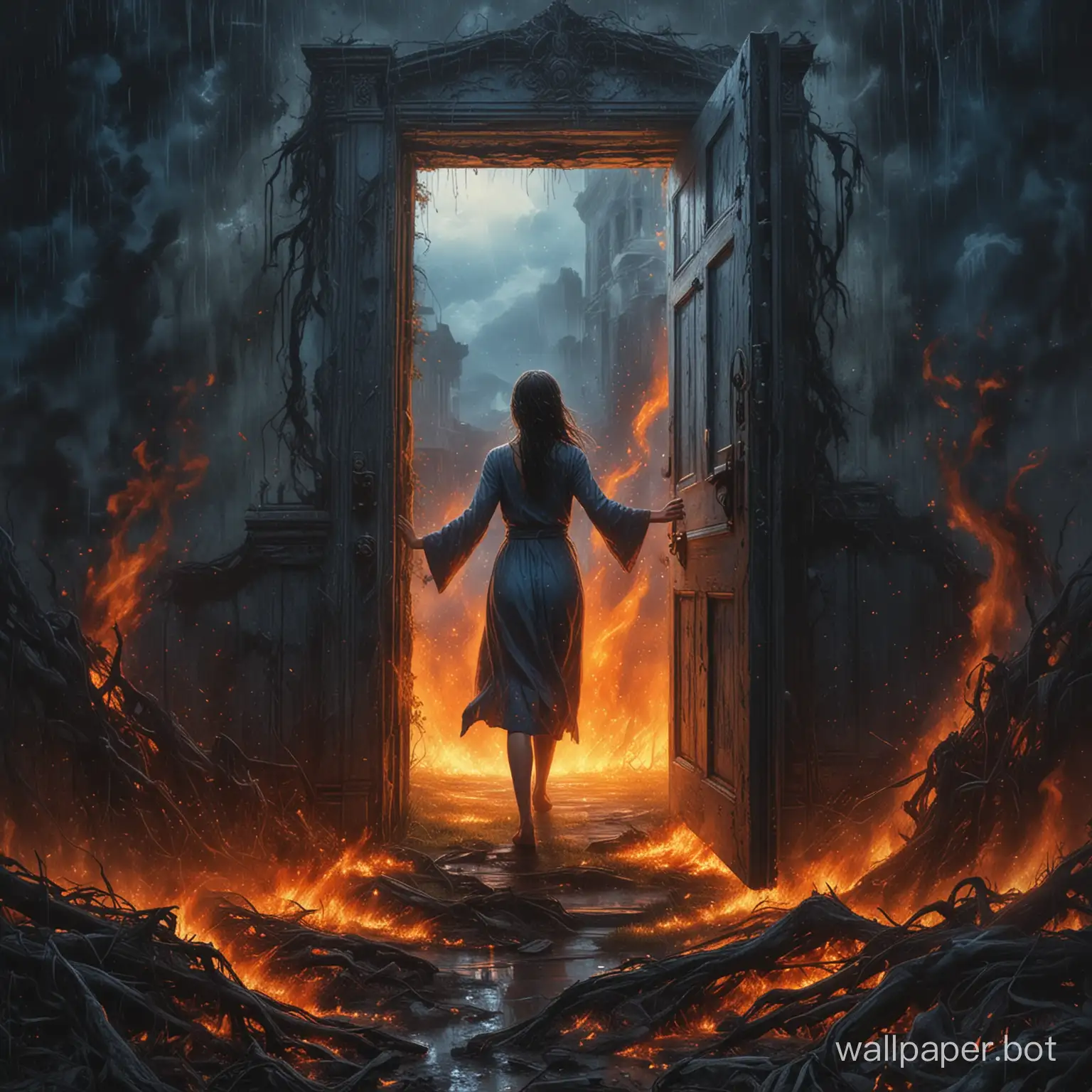 Door to a blue sky surrounded by a rain of flames in a world in ruins, a woman, black, reaches out behind the door with her feet in the grass