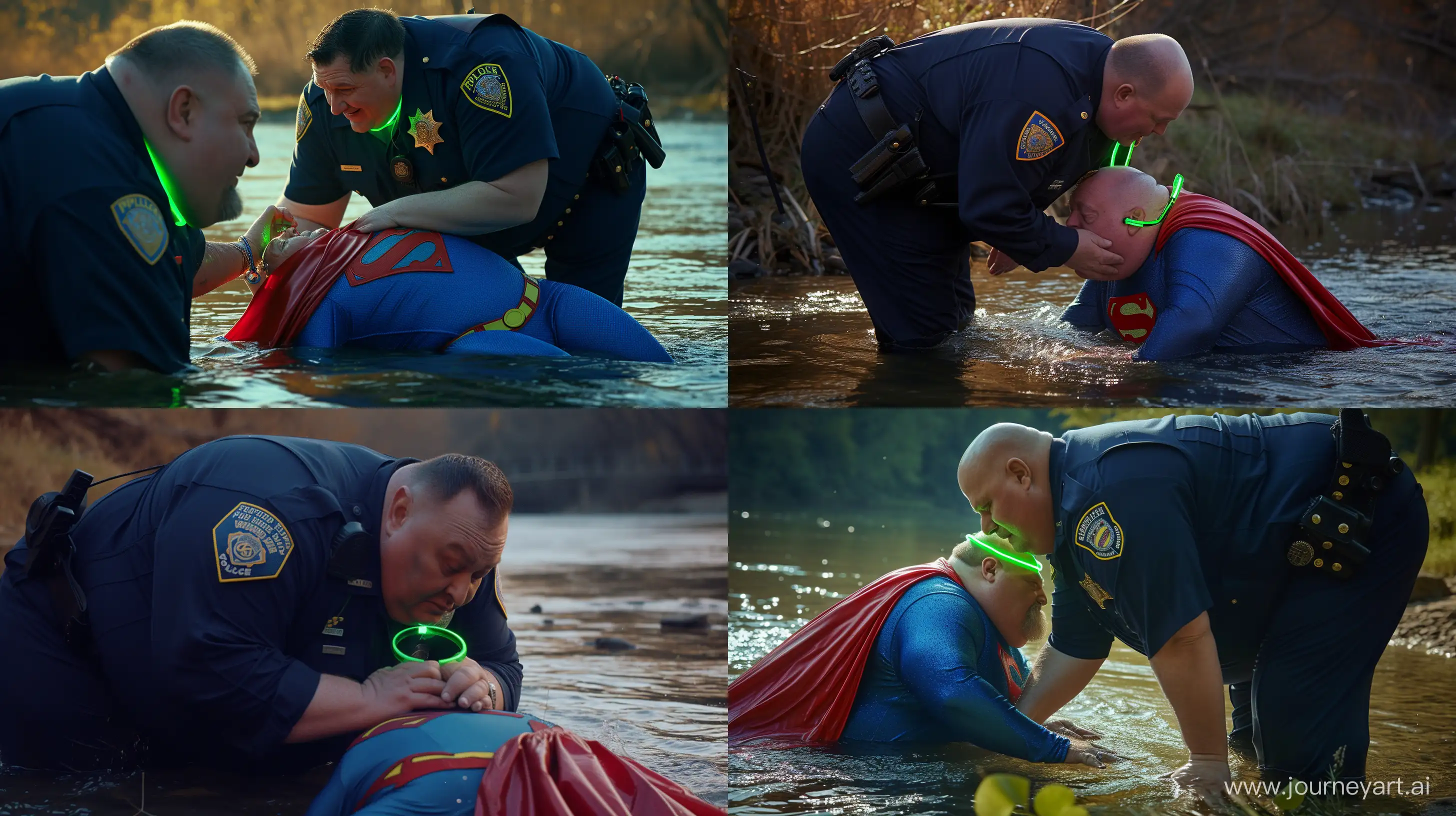 Close-up photo of a fat man aged 60 wearing a navy police uniform. Bending and putting a tight green glowing neon dog collar on the nape of a fat man aged 60 wearing a tight blue 1978 superman costume with a red cape crawling in the water. Natural Light. River. --style raw --ar 16:9