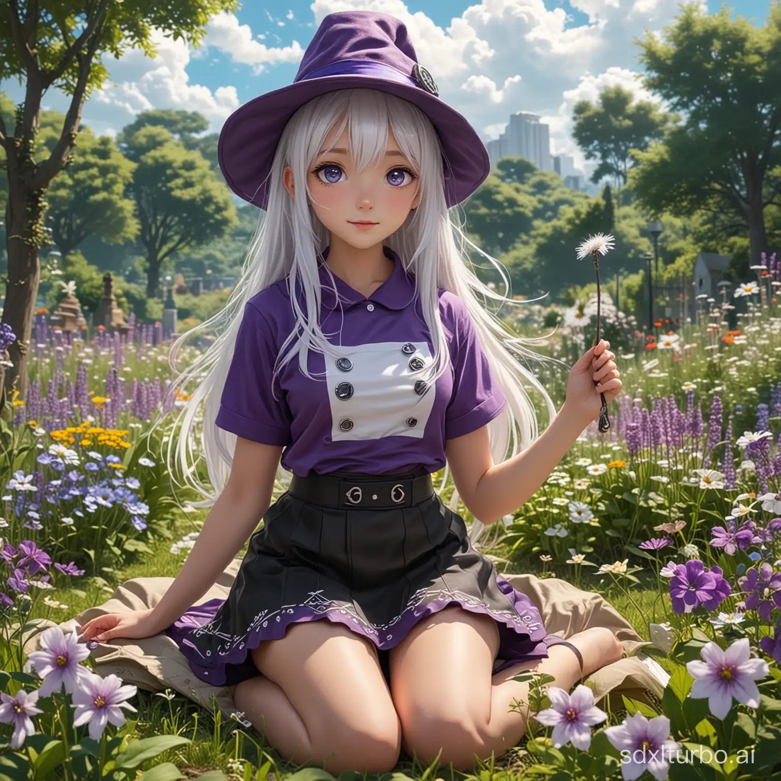 A white haired anime girl Blue and black eyes White T-shirt and gray short skirt Holding a magic wand in hand long hair garden Sitting in the middle of the garden There are many flowers next to it Looking up at the sky Anime Wearing a big magic hat Looking up at the sky Sitting on the grass with legs spread out There is a badge on the che A black and large magic hat Eyes are very big Wearing a purple coat that grows to the feet There are buttons on the clothes There is a badge in the upper right corner of the clothes
