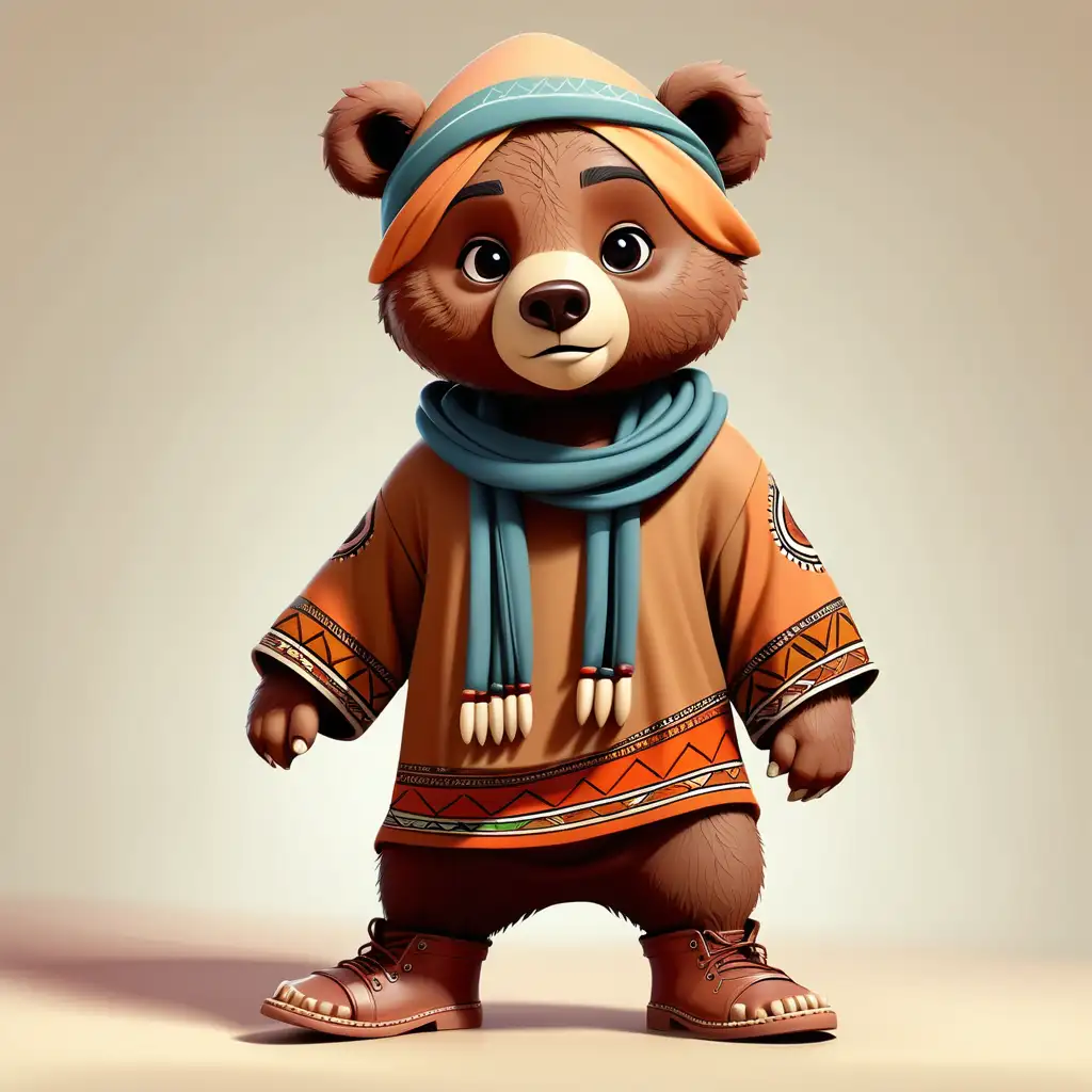 illustrate a cute bear with two foot in cartoon style with african indian clothes with boots with clear background