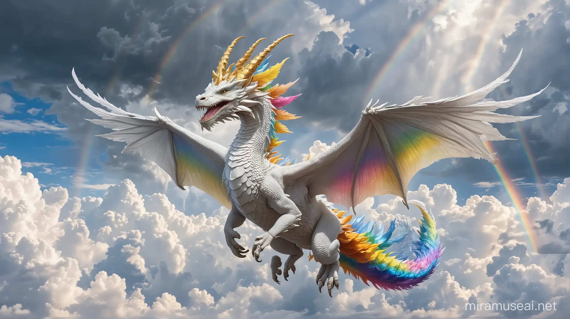 photo, white-winged dragon, white wings, golden crown on its head, rainbow-colored horns on its head, flying through the clouds