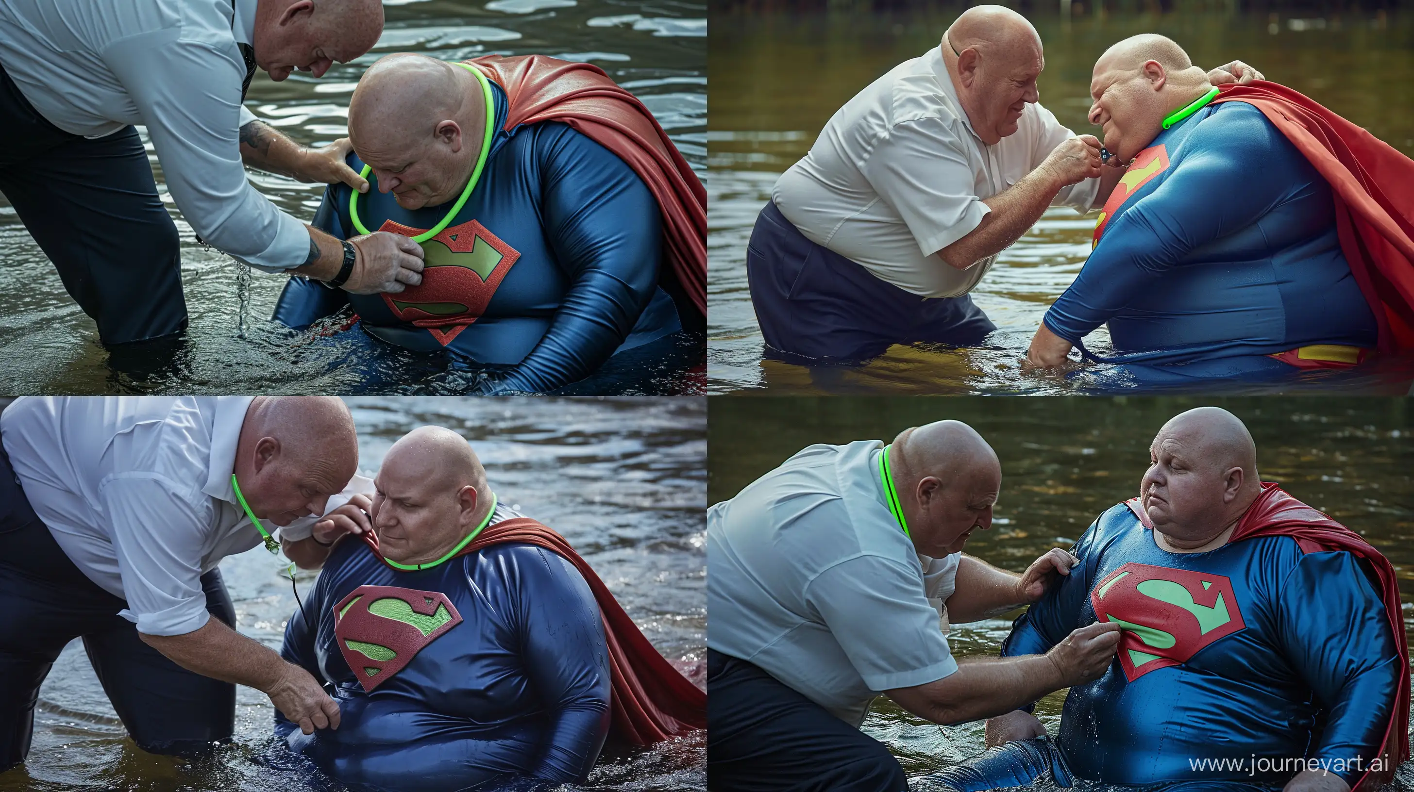 Closeup photo of a chubby man aged 60 wearing silky navy business pants and a white shirt, bending and tightening a wide green neon short dog collar on the neck of another chubby man aged 60 sitting in water and wearing a tight blue silky soft superman costume with a large red cape. River. Bald. Clean Shaven. --style raw --ar 16:9 --v 6