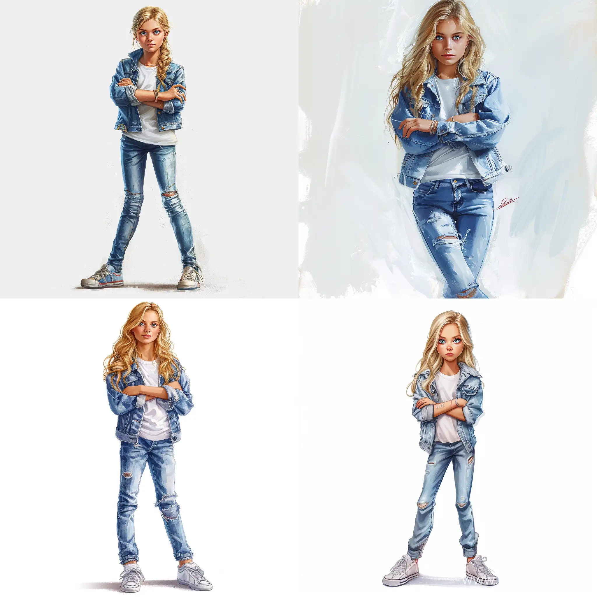 Beautiful girl, blonde hair, blue eyes, white skin, teenager, 15 years old, jeans jacket, jeans, white T-shirt, sneakers, cool, folded arms, high quality, high detail, realistic art