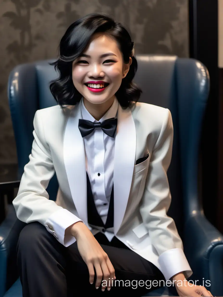 A smiling and laughing Vietnamese lady with shoulder length hair is wearing a tuxedo with black pants.  Her shirt is white with a wing collar and French cuffs.  Her bow tie is black.  She is sitting in a chair.  She is wearing lipstick.