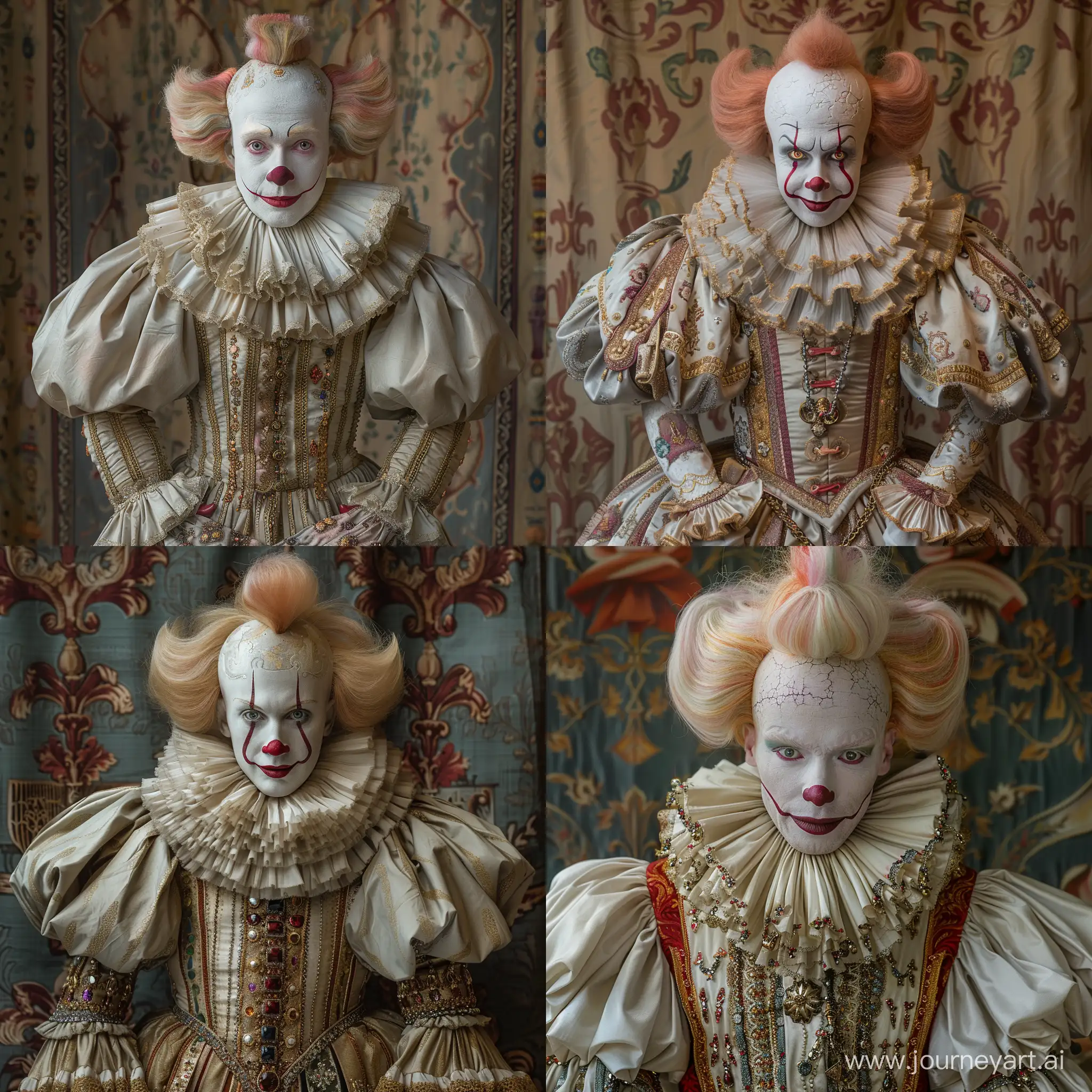 an clown dressed in an elaborate costume reminiscent of European fashion from the 16th to 17th century, which is often associated with the Renaissance period. characteristic of the styles from that era.
The costume boasts intricate details and patterns, with a blend of rich colors and gold accents. It includes a jacket or doublet with puffed sleeves that have slashes or panes showing fabric underneath, and decorative attachments that could be aghast to jewels and embellishments. The individual is also wearing several pieces of jewelry, including chains, possibly signifying status or wealth.
The person is directly facing the camera with a neutral to slightly amiable expression. The lighting is focused on the person, leaving the background slightly darker which helps to highlight the subject and the impressive detail of their costume.
The backdrop has a renaissance-style pattern that complements the historical theme of the attire. The color scheme and design elements in the costume and background together produce an image that resonates with a regal and historical aesthetic. --stylize 750