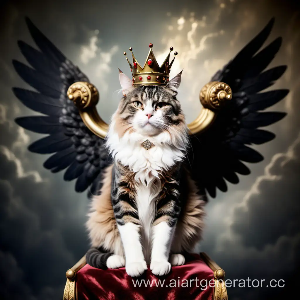 Котик с крыльями на спине и с короной на голове сидит на троне как король