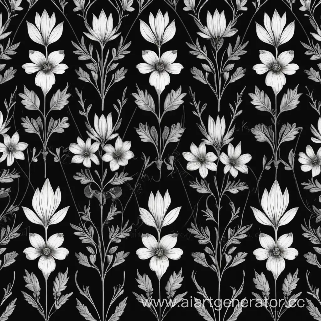 black wild delicate flowers, pattern, simmetrical
