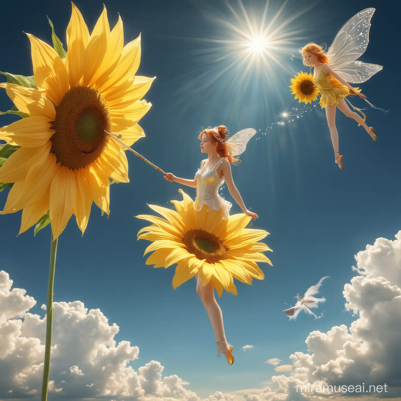 Whimsical Fairy Flying on a Sunflower Parasol Cloud