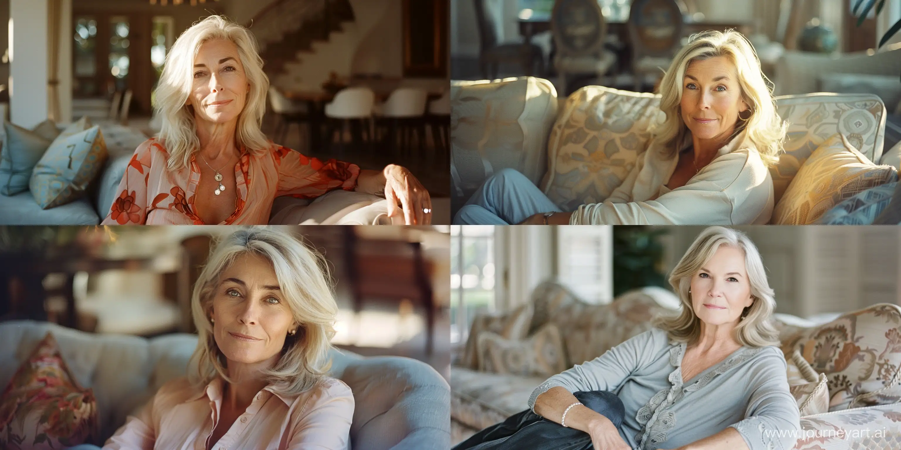 beautiful 45 year old blonde woman, relaxing in the lounge luxury home in afternoon light, portrait photography, shot on kodak portra 200, natural-looking --ar 2:1