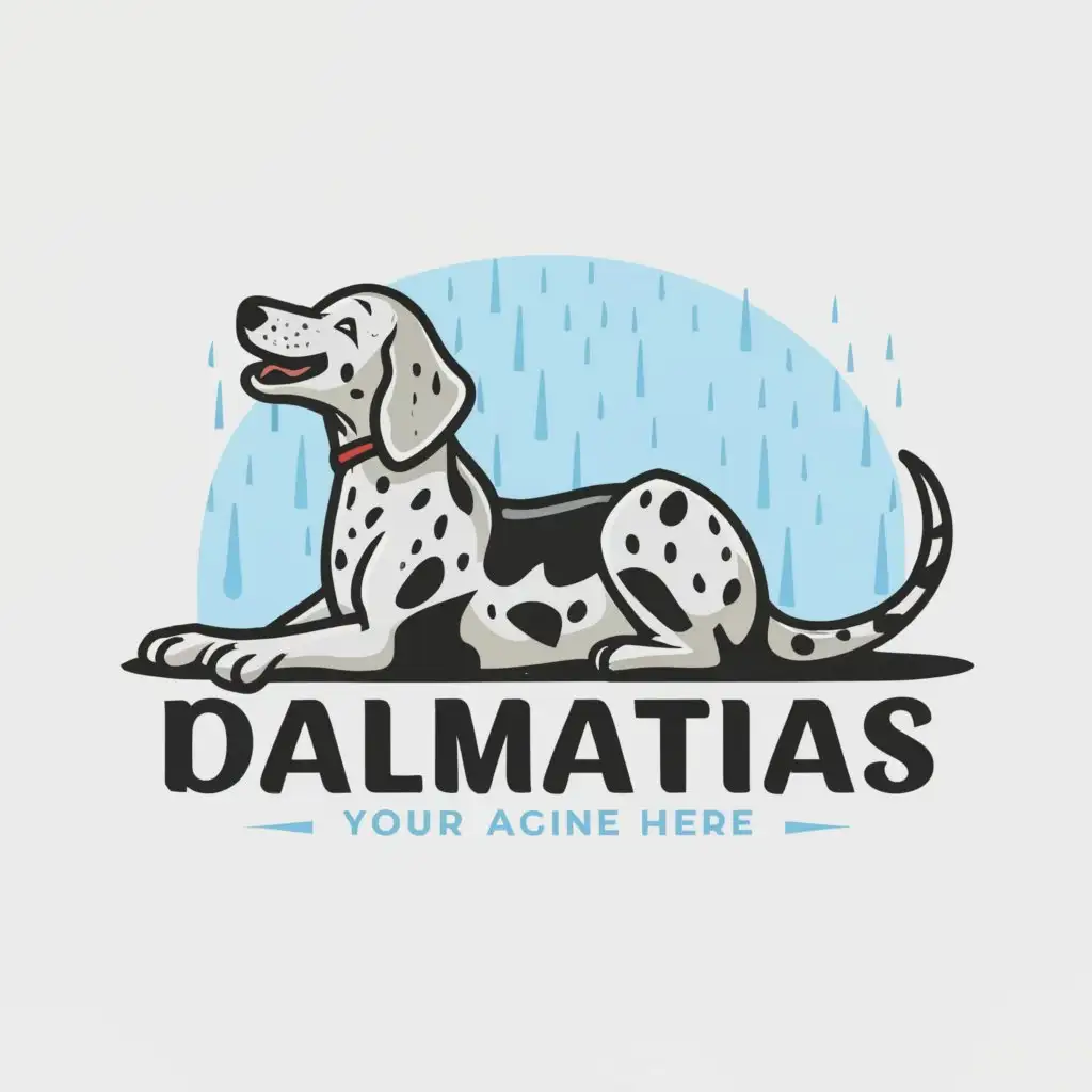 a logo design,with the text "_", main symbol:realistic happy Dalmatian dog lying on its back in the pouring rain,Moderate,clear background