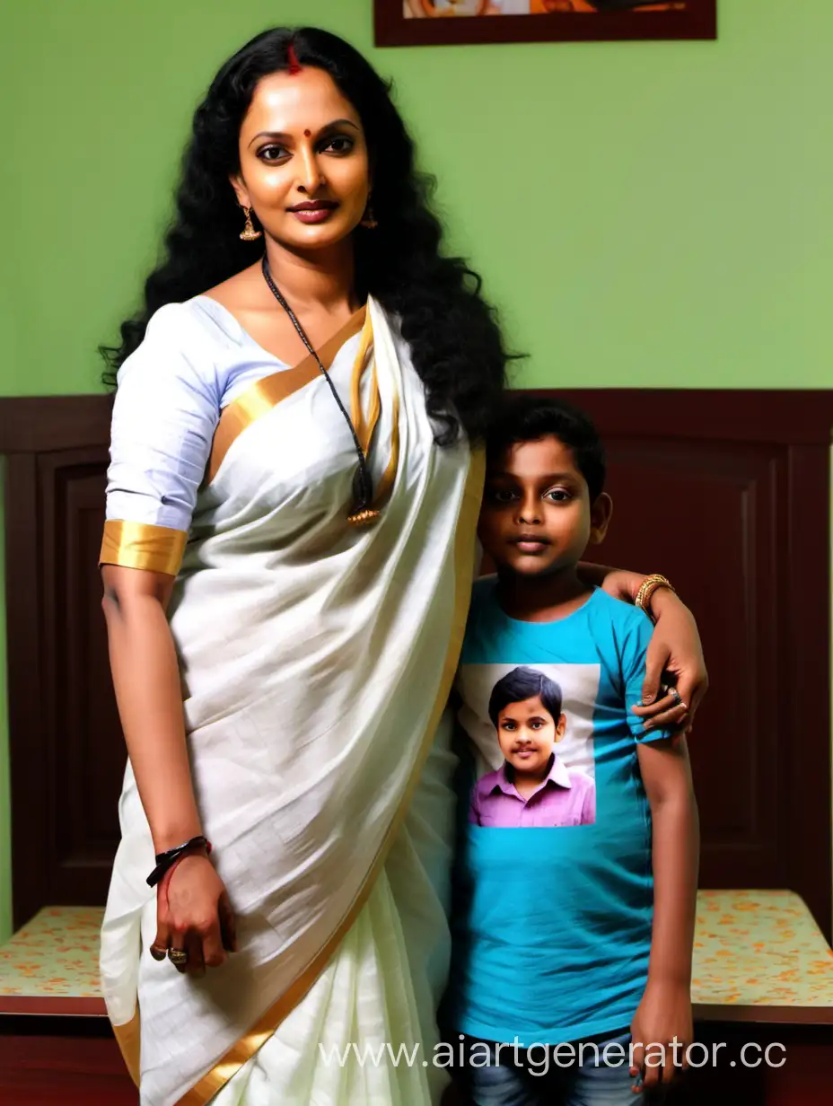 Full body image of A 45 years old kerala woman who looks exactly like malayalam movie actress Swetha menon. The woman has very long hair. The woman posing for a family photo with her son. 