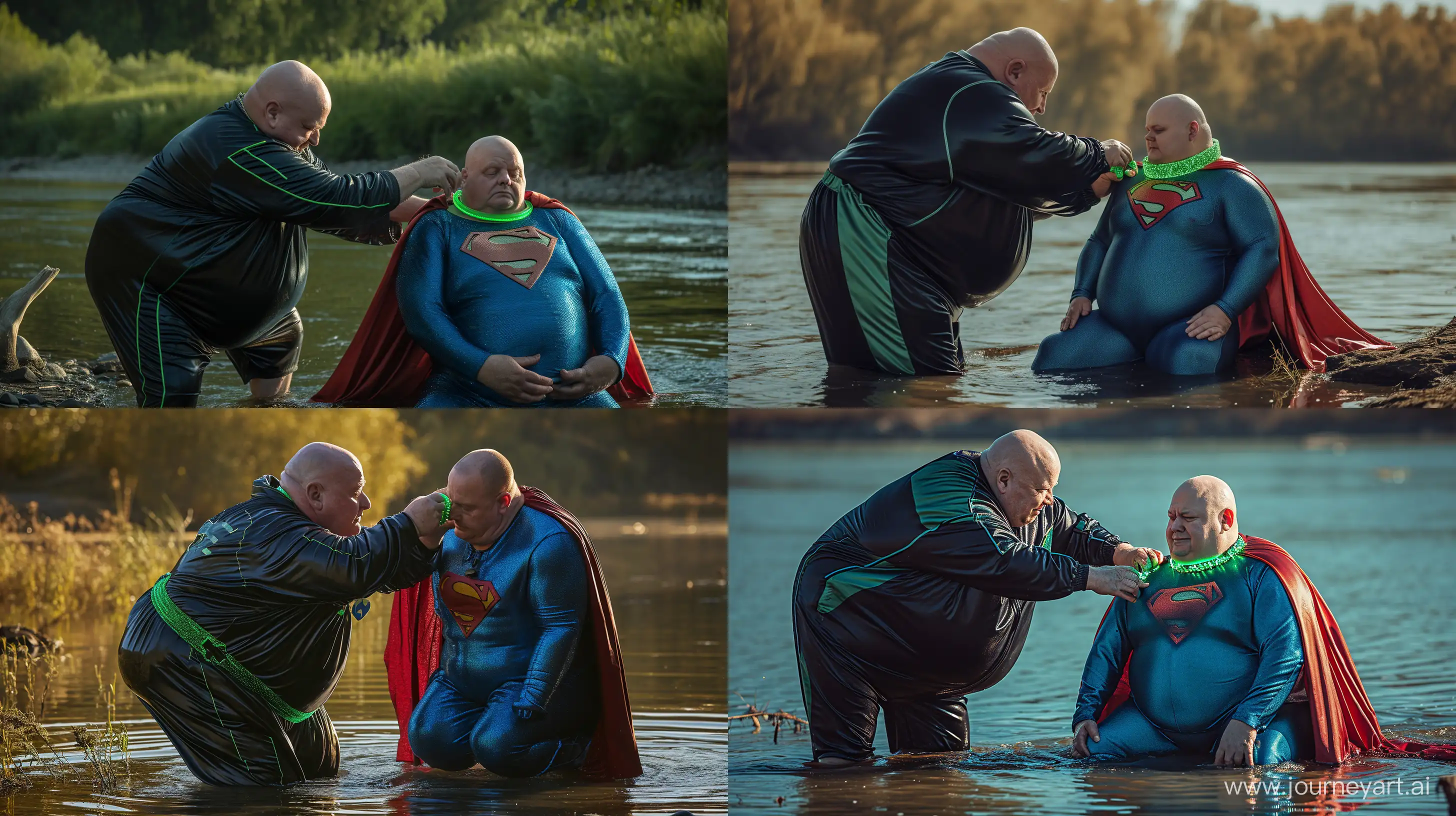 Front view photo of a chubby man aged 60 wearing a silky black and green glowing tracksuit, bending and tightening a green glowing small short dog collar on the neck of another chubby man aged 60 sitting in the water and wearing a tight blue silky superman costume with a large red cape. River. Outside. Natural light. Bald. Clean Shaven. --style raw --ar 16:9 --v 6