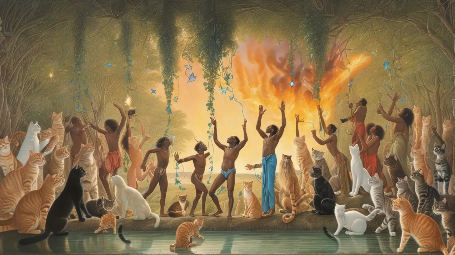  electric colors, by Richard dadd, by greg rutkowski, hanging vines,  by david mann, scroll painting, first person, dramatic, river, slides, melanin, humans worshipping cats, burning star