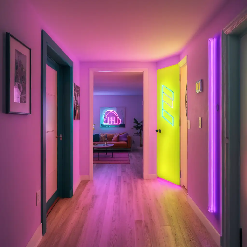 House interior entry with neon facing towards to the livingroom