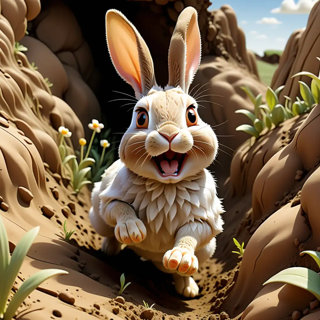 A picture of a rabbit In burrows deep, where earth is soft, A rabbit hops with bounds aloft. With ears so long and nose that twitches for a childrens book