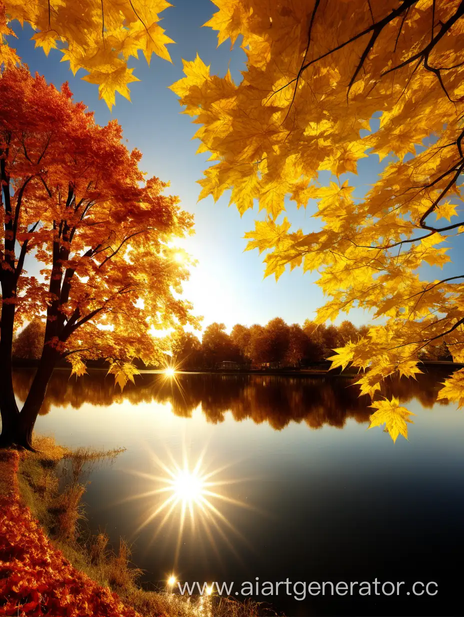 золотая осень, водоем, солнце, небо, облака, солнце, клен, пейзаж