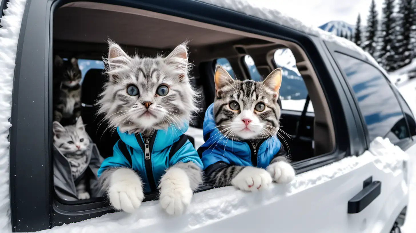 Маленький серый котенок и серая мама кошка в лыжных костюмах едут на внедорожнике по снегу в горах