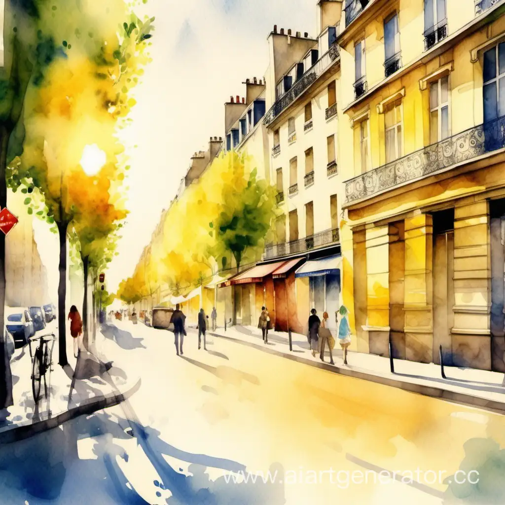 Paris-Watercolor-Panorama-Sunny-Day-Street-Scene-with-Yellow-Sunlight