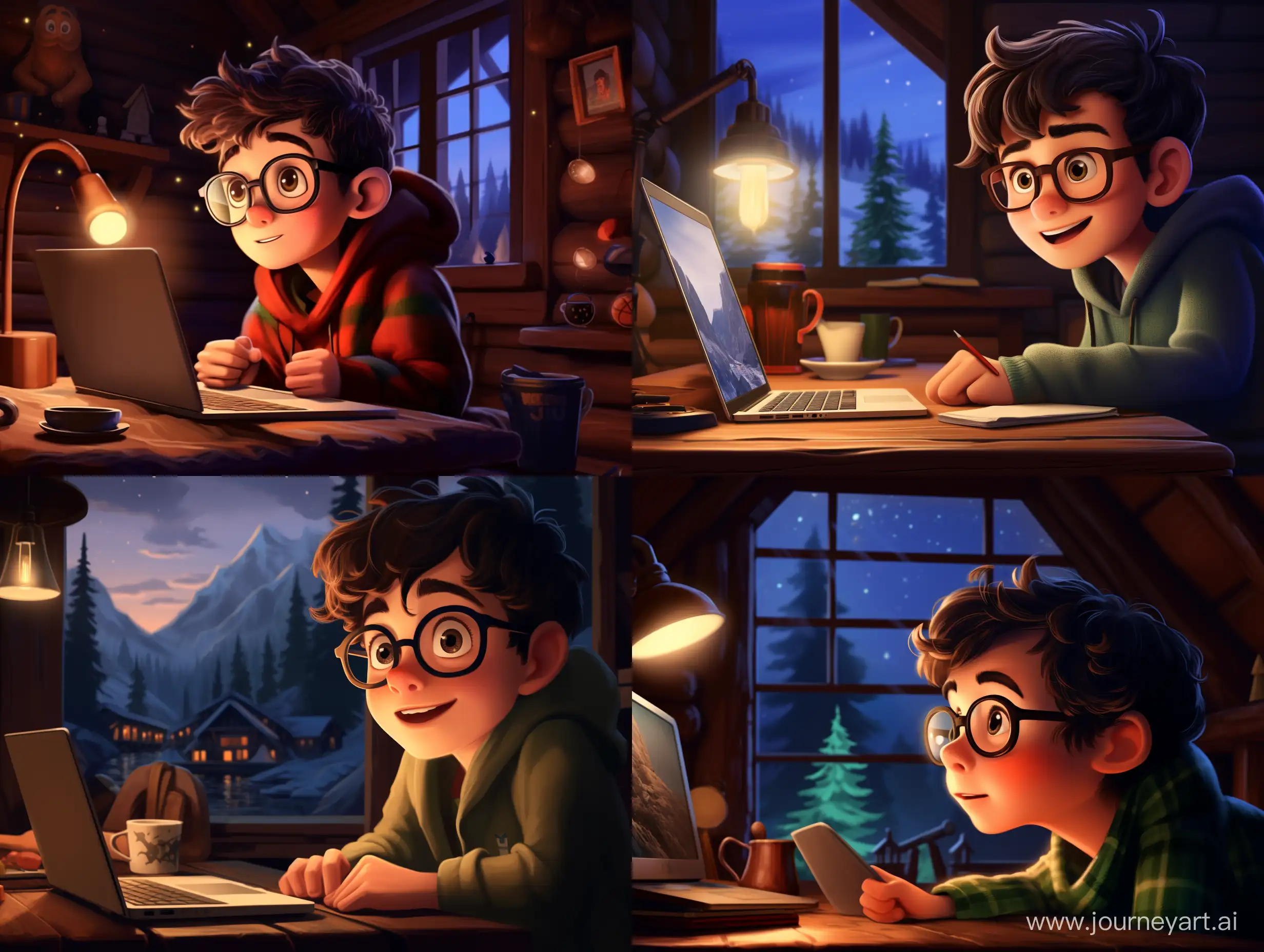A boy wearing glasses looking surprised in Pixar style and working with his laptop sitting in a cozy seat in a cozy cabin, snowing outside, fireplace