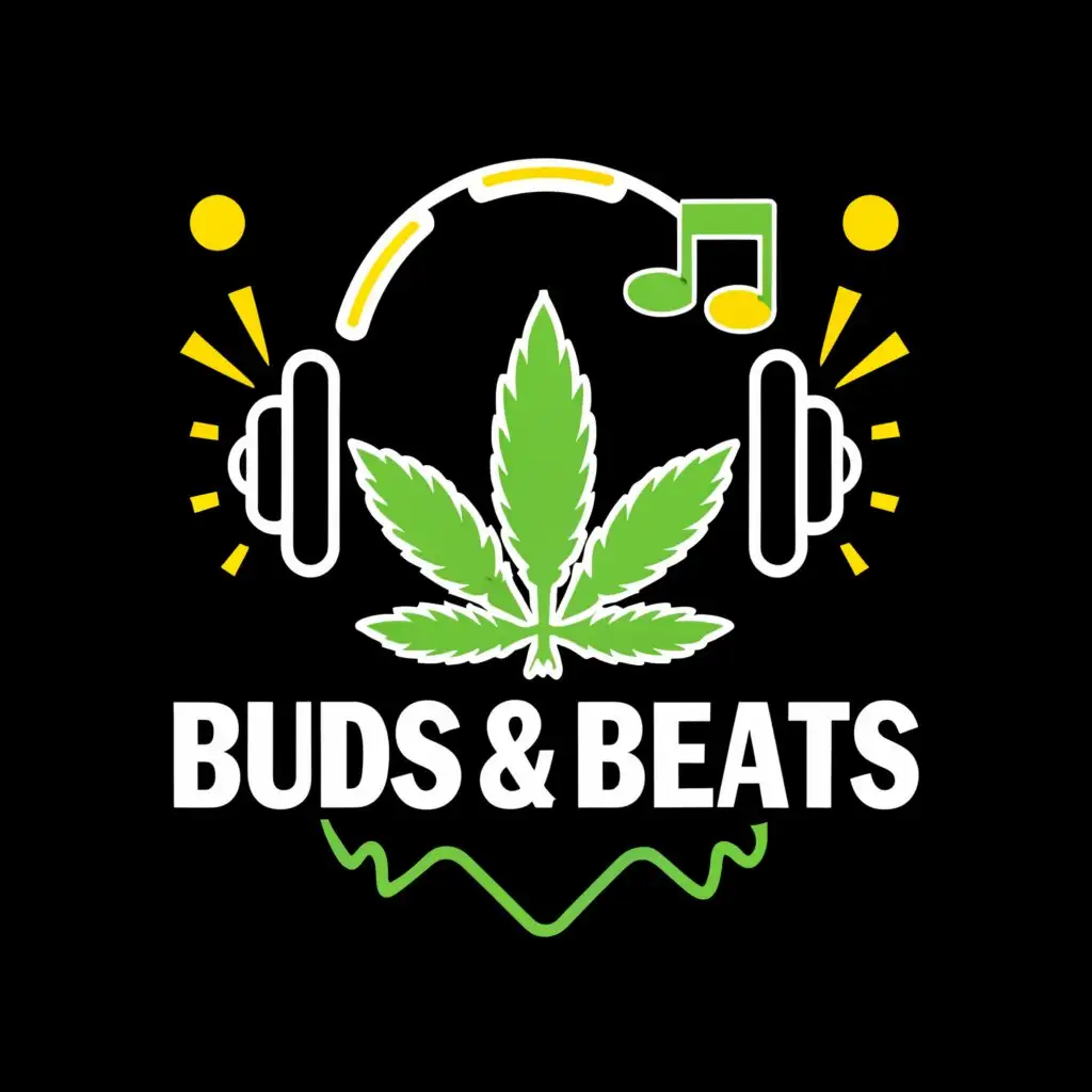 a logo design,with the text "Buds & Beats", main symbol:Cannabis leaf, music beats, music note, dj headphone,complex,clear background
