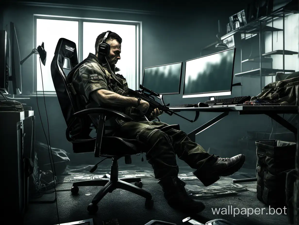escape from tarkov, gaming setup, man sitting in gaming chair