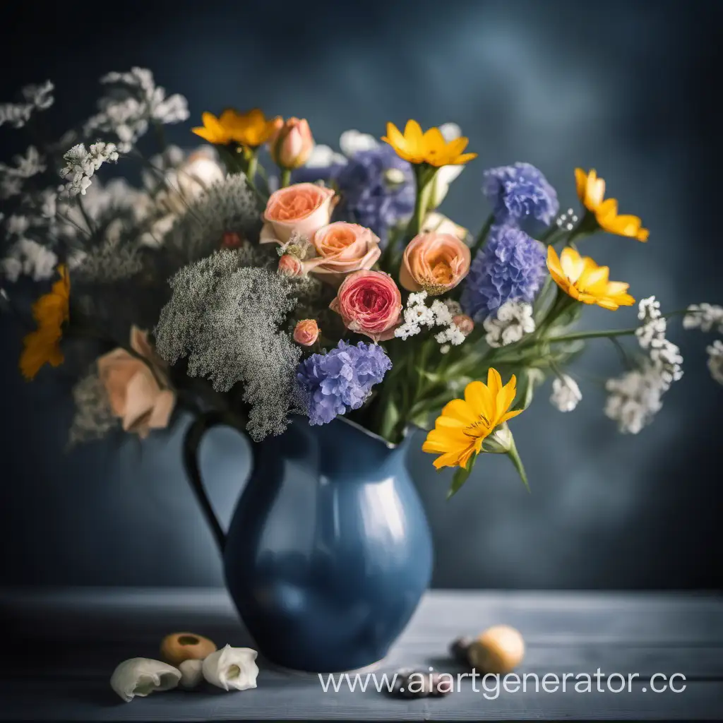 very, very many flowers on the table, in a vase, in a jug, in a basket. All spring flowers. The background is a little dark, blurred in gray-blue tones, some where there are warm shades.Small depth of sharpness  
