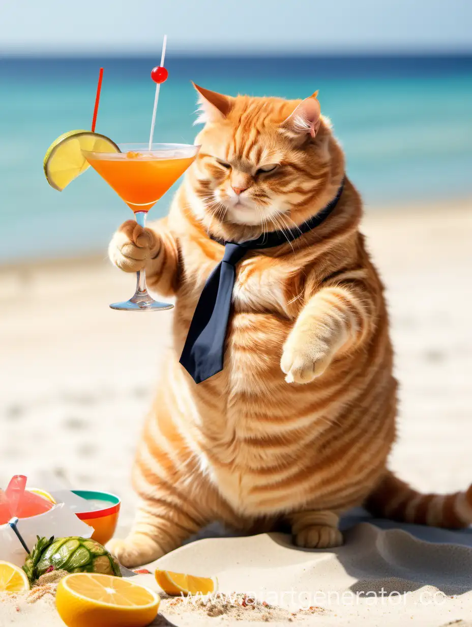 Очень толстый кот джинджер как пьет коктейль на пляже