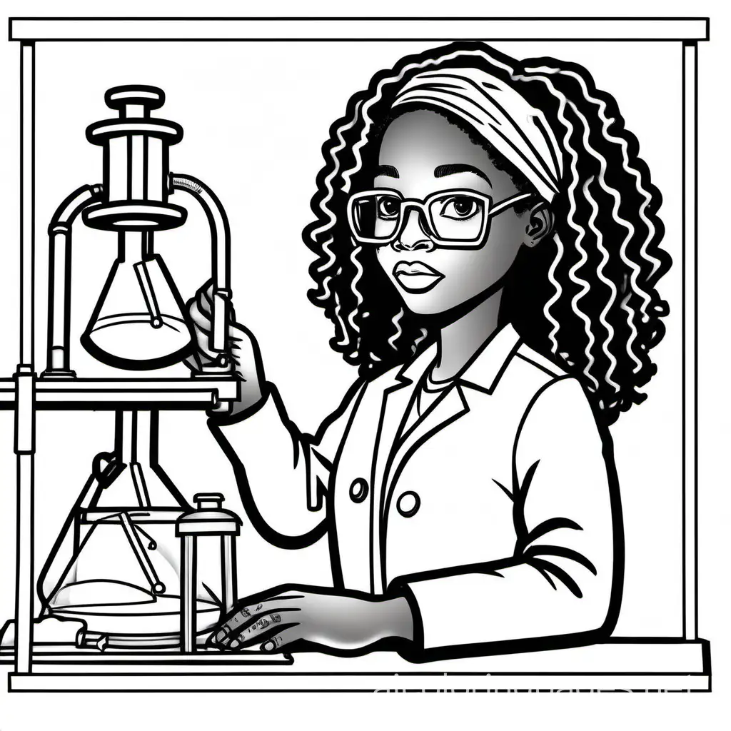 black girl scientist, Coloring Page, black and white, line art, white background, Simplicity, Ample White Space. The background of the coloring page is plain white to make it easy for young children to color within the lines. The outlines of all the subjects are easy to distinguish, making it simple for kids to color without too much difficulty