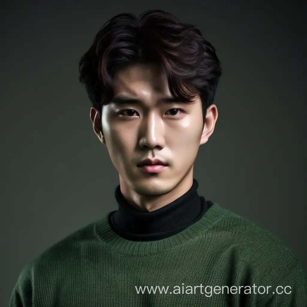 a young Korean policeman, dark short hair, dressed in a green dark sweater, calm serious face, pretty with high cheekbones, brown eyes