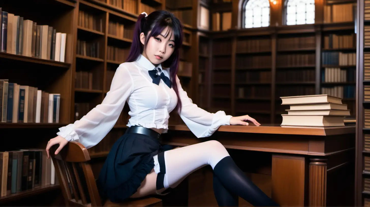 Kawaii Japanese Idol Girl Sitting in Victorian Library Surrounded by Occult Mystery Books