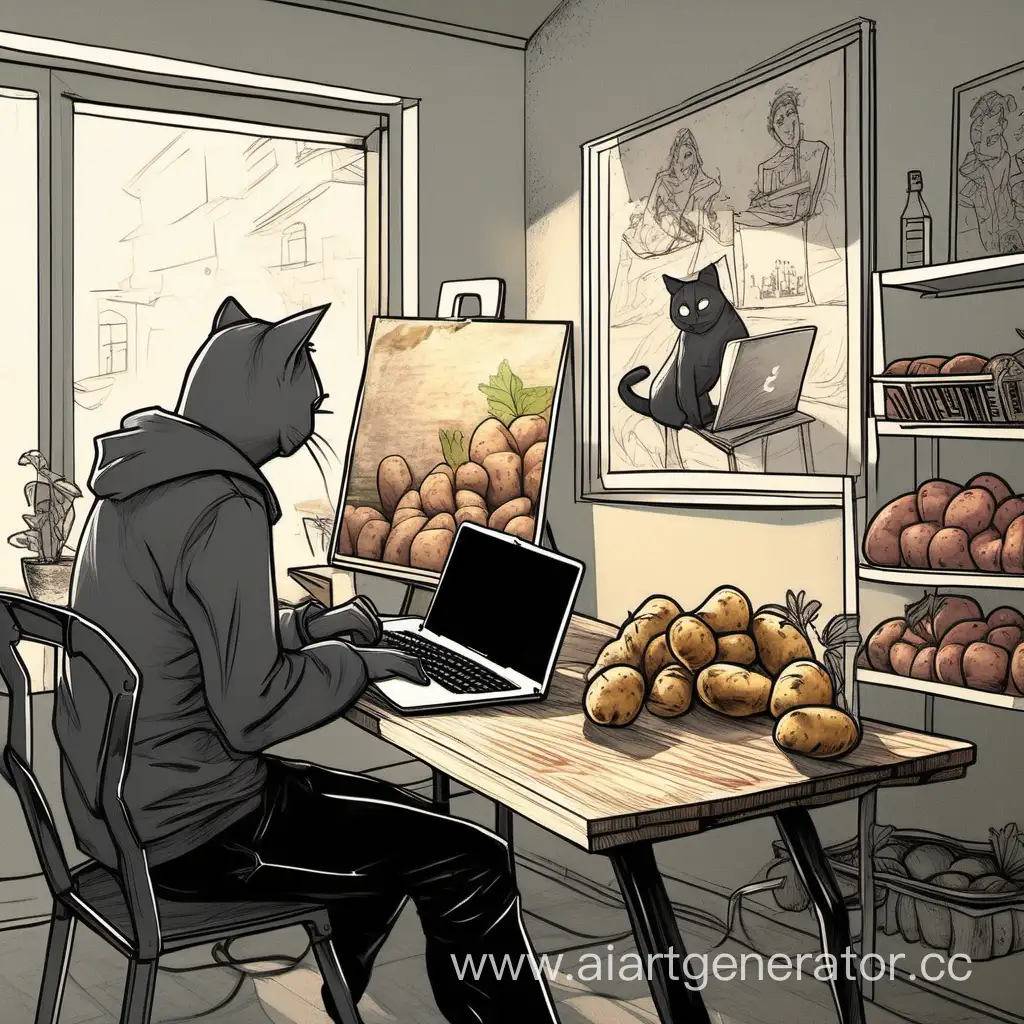 My friend works as a website developer, he is sitting at a laptop, a cat is sitting on the table next to him, they are both looking at a laptop, potatoes are on the table next to him, a painting hangs in the background - a Belarusian, an art drawing on it