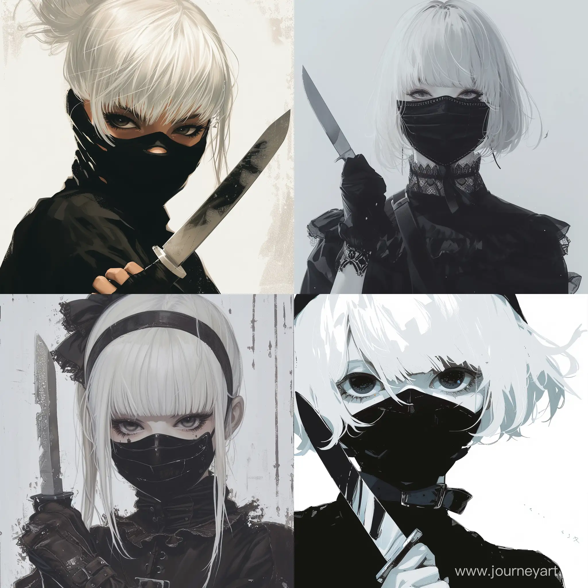 обложка для музыкального альбома, девушка в черной маске, белый фон, белые волосы, в руках нож
