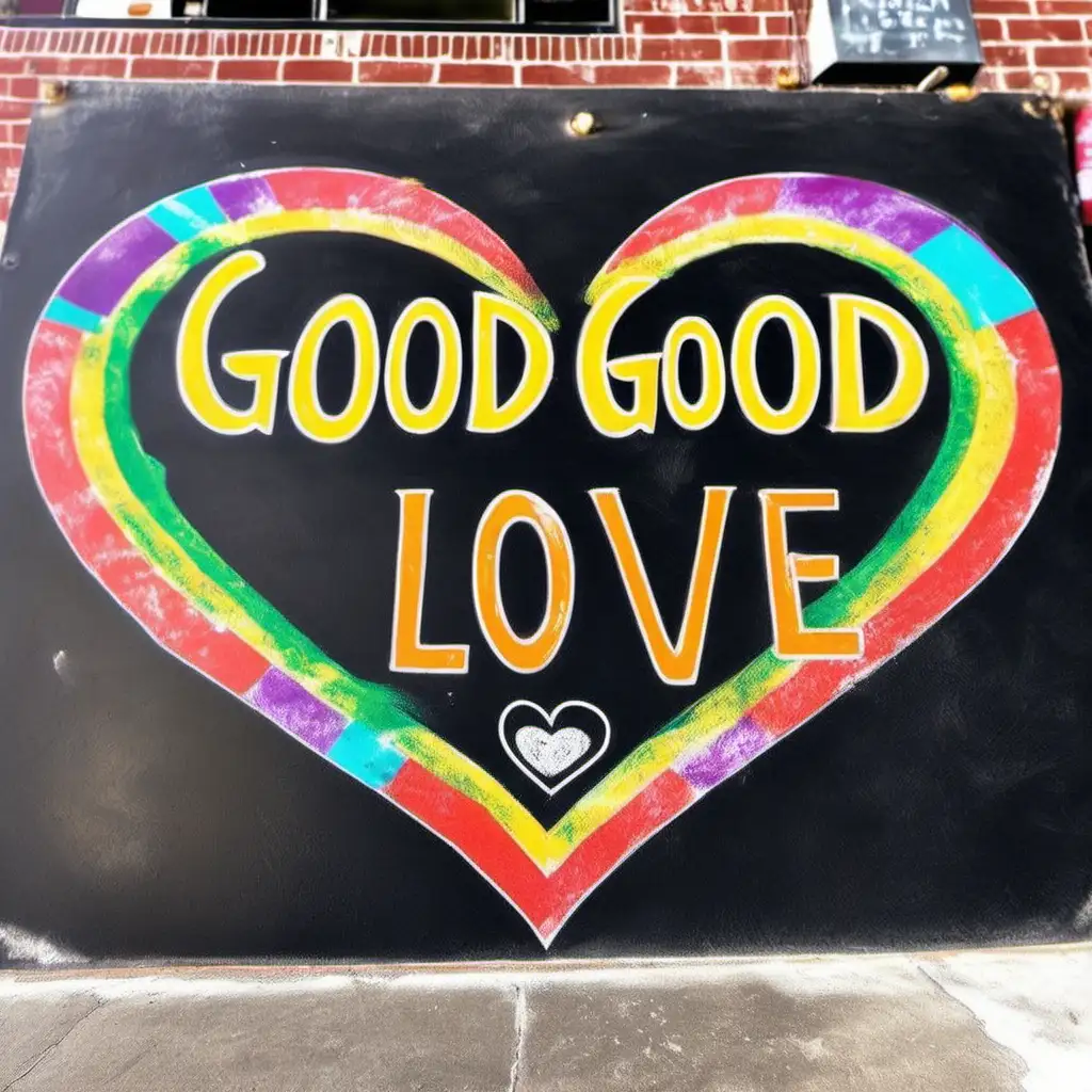 colorful chalk sign for a hippie cafe called Good, Good Love with heart drink and peace sign imagery