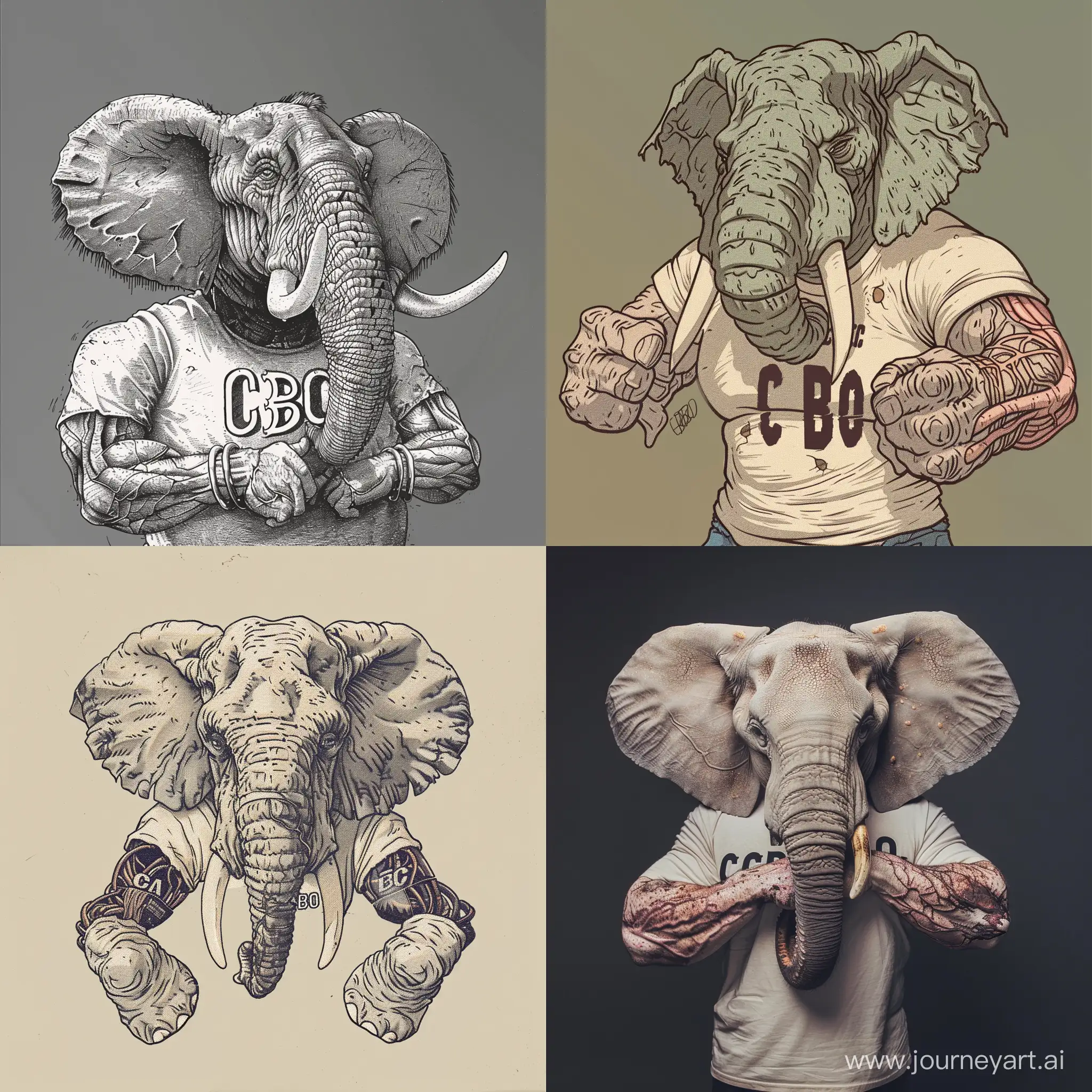 Накаченный слон с венистыми руками, у которого на футболке написано "СВО"