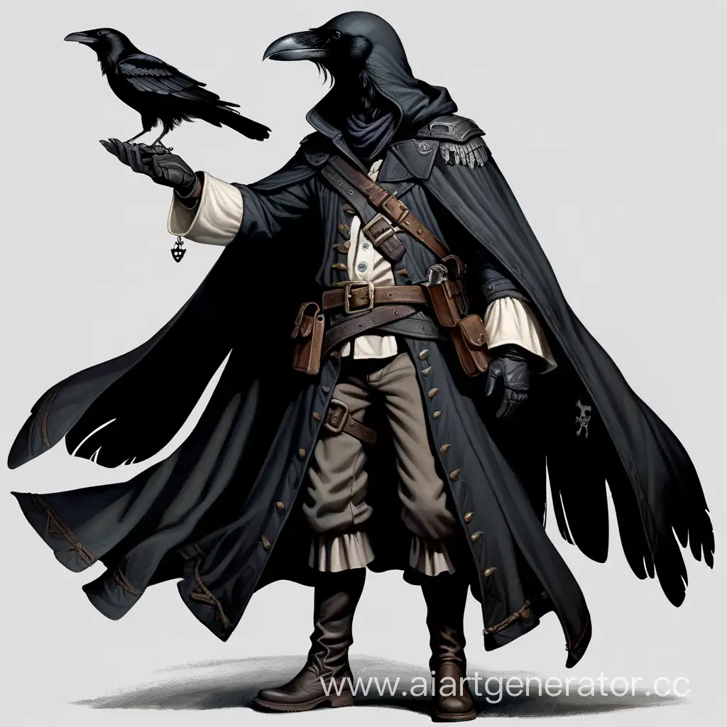 чёрный ворон в рубахе, кожаных сапогах, пиратских штанах,серые  перчатки и плащ с капюшоном ,4 пистолета прикрепленные к груди
