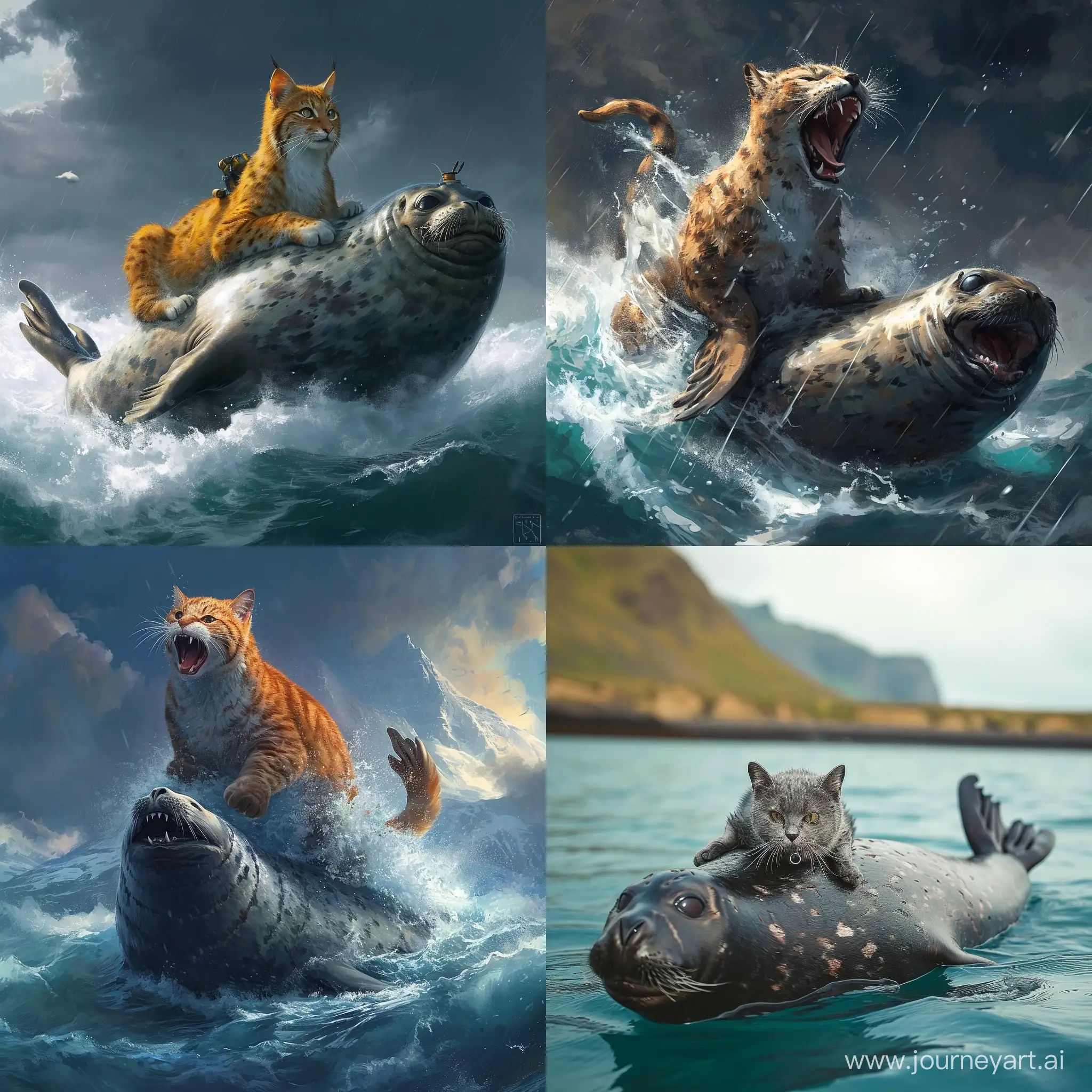 Fierce-Battle-Cat-Confronts-Playful-Seal-Vibrant-Visual-Feast