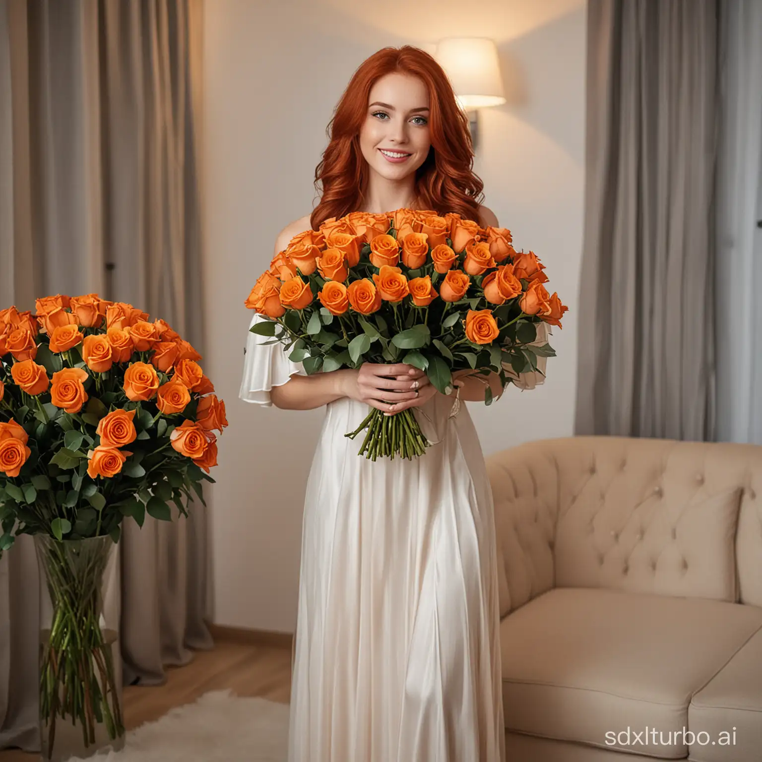 красивая Девушка в вечернем платье, с рыжими длинными волосами держит большой букет из 101 оранжевой розы, стоит в гостиной комнате с