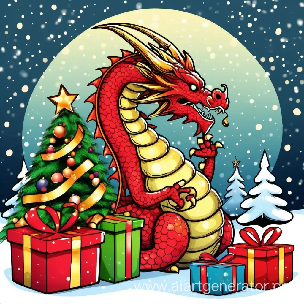 Новогодний дракон с подарками и ёлкой