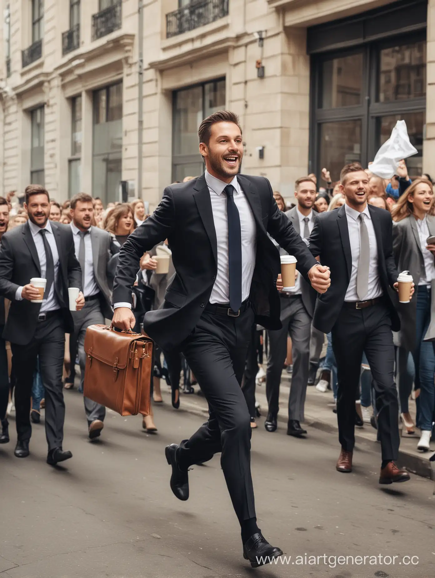 бизнесмен в костюме и с портфелем в руках бежит сквозь толпу со стаканчиком кофе в руках