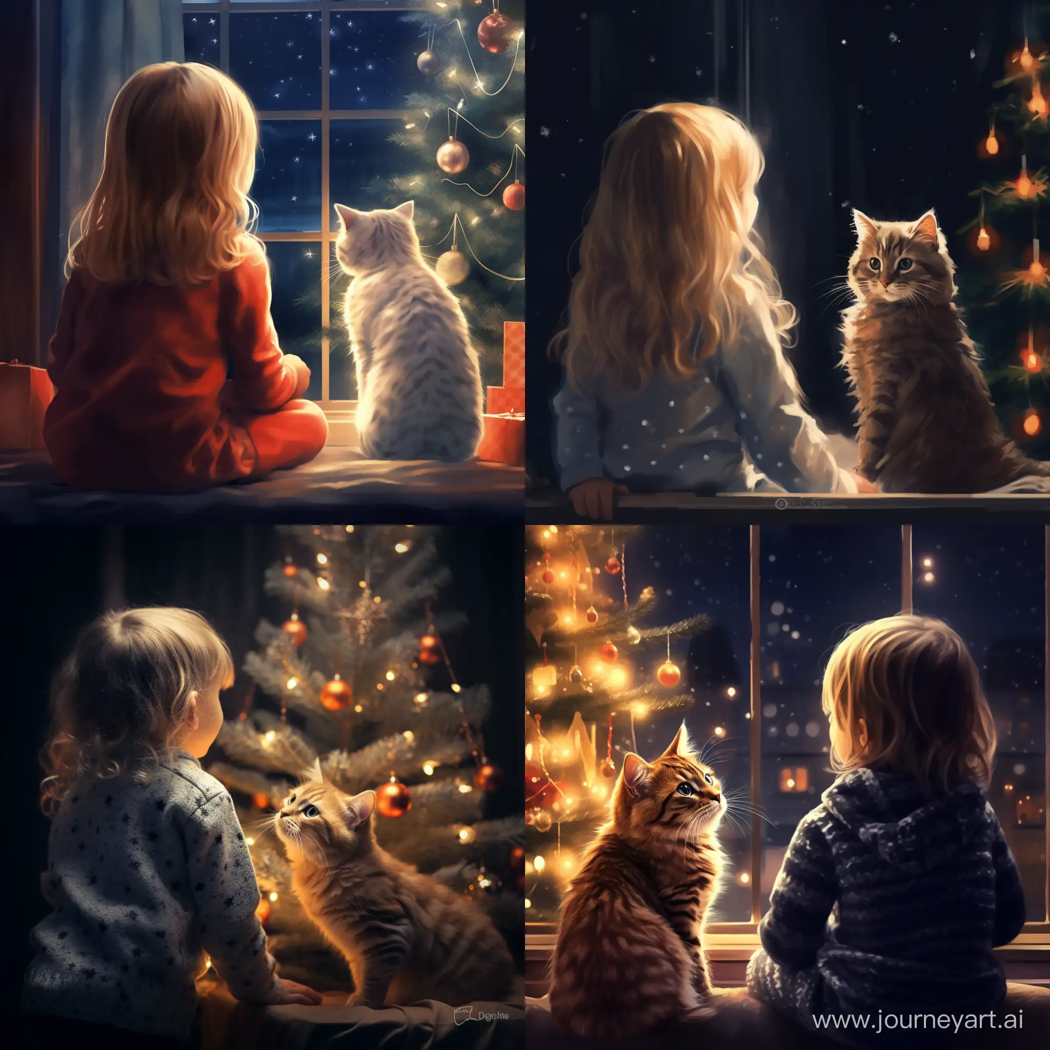 Charming-Christmas-Moment-Little-Blonde-Girl-and-Cat-Admiring-Tree-at-Night