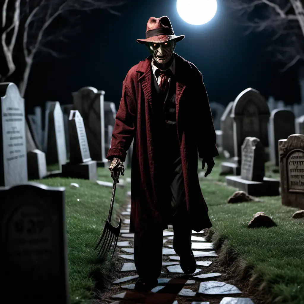 zdięcie ultra realne 8k, Freddy Krueger idzie przez cmentarz, Visualize a crypt hidden beneath a moonlit cemetery,
where the soft, silvery light of the moon seeps through ancient
stone walls, illuminating the resting place of the departed.
Capture the eerie tranquility of this underground chamber, with
intricately carved tombstones and crypts, and the faint echoes
of whispers from beyond the veil, --ar 9:20 --v 6.0